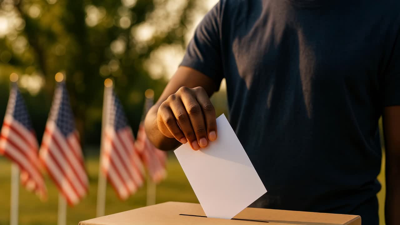 Close-up, eye-level shot of a person casting a vote outdoors, with American flags in the background