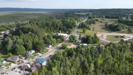 Aerial-view-of-the-main-street-in-Cedar---small-town-in-Michigan,-USA