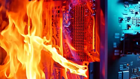 una placa base de computadora en llamas con un fondo azul