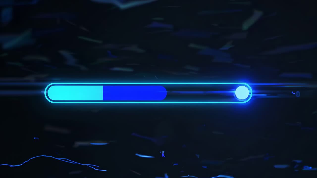 A futuristic video loading bar in neon blue on a dark background, viewed from a straight-on angle