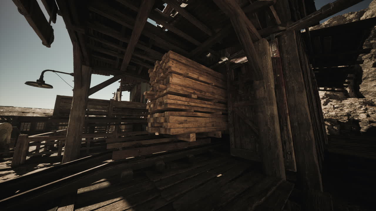 Pile di assi di legno disposte ordinatamente all'interno di un edificio rustico scarsamente illuminato