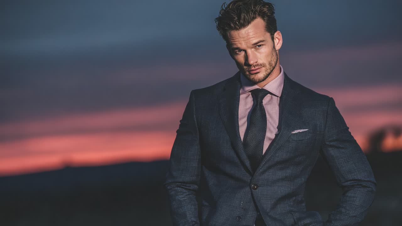 A Confident Man in a Stylish Suit Poses Captivatingly Against a Striking Sunset Background, Showcasing Modern Elegance