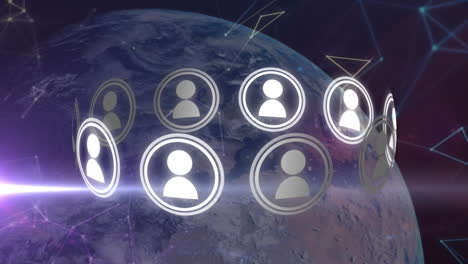 animación del globo, iconos digitales y procesamiento de datos en pantallas
