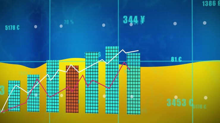 Animazione di dati finanziari e grafico sulla bandiera dell'Ucraina