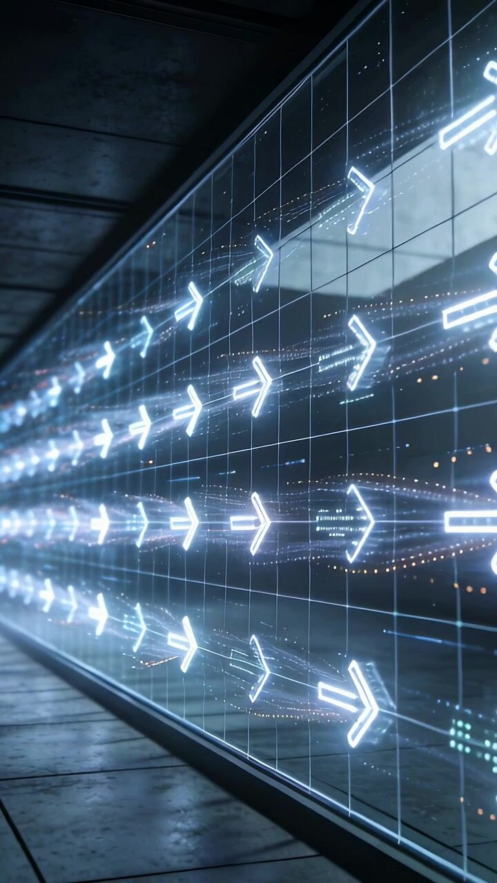 Vertical video: Pulsing LED arrows moving right along glass wall, driver sending glow to guide