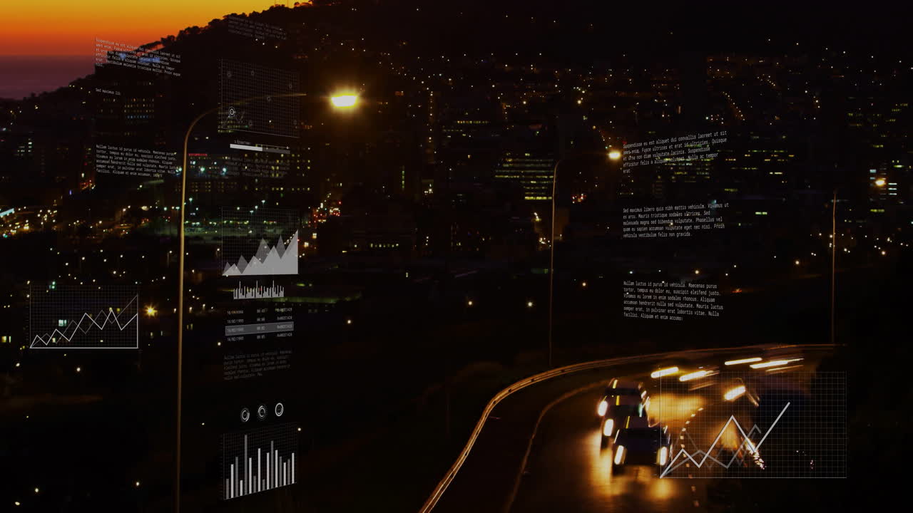 Animazione di grafici di analisi dati su paesaggio urbano notturno con traffico in movimento