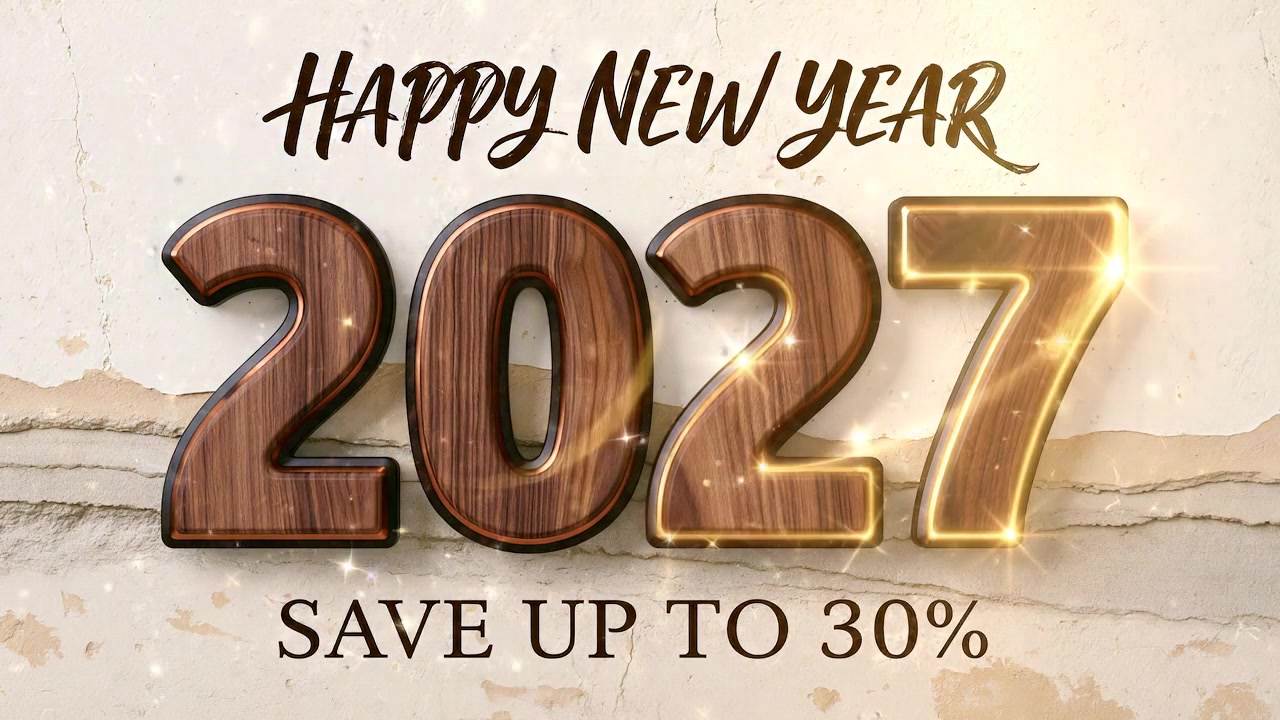 Grafica promozionale Felice Anno Nuovo 2027 con texture di legno