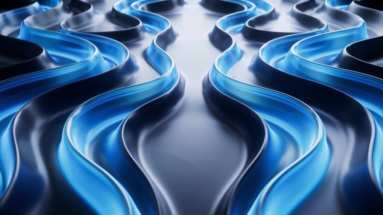 Starting glossy sinuous blue ribbons shifting forward in CGI studio, revealing central channel