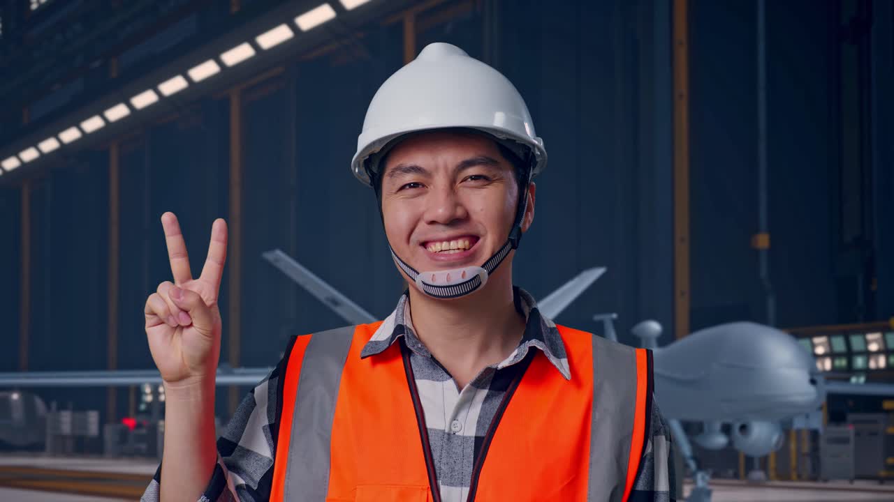 ヘルメットを着用し、笑顔でピースサインを見せながら立つアジア人男性エンジニアのクローズアップ、工業用照明が当たる整備格納庫内の最新軍用ドローン
