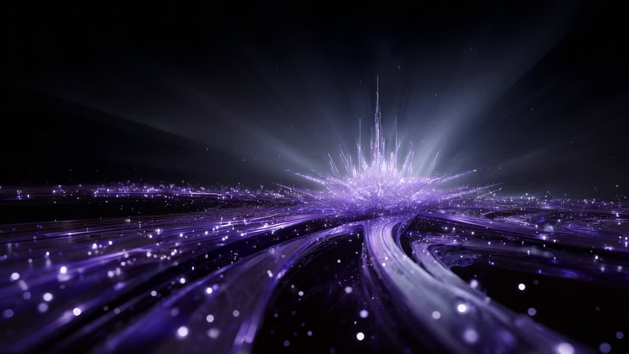 A mesmerizing digital universe unfolds as a vibrant wave of purple luminescence and intricate light patterns converge, showcasing the stunning blend of artistry and technology in a breathtaking visual spectacle