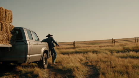 a man in a cowboy hat stands by his pickup truck in a vast rural field