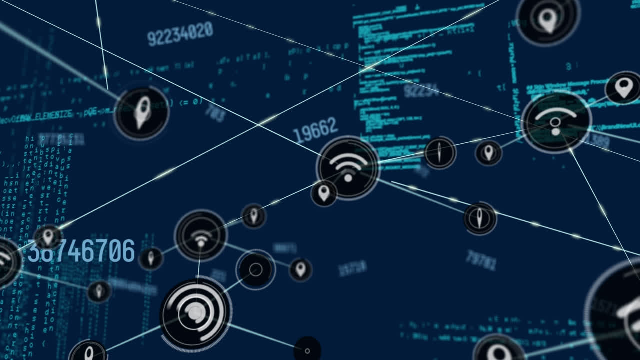 Animation of network of connections with icons over data processing