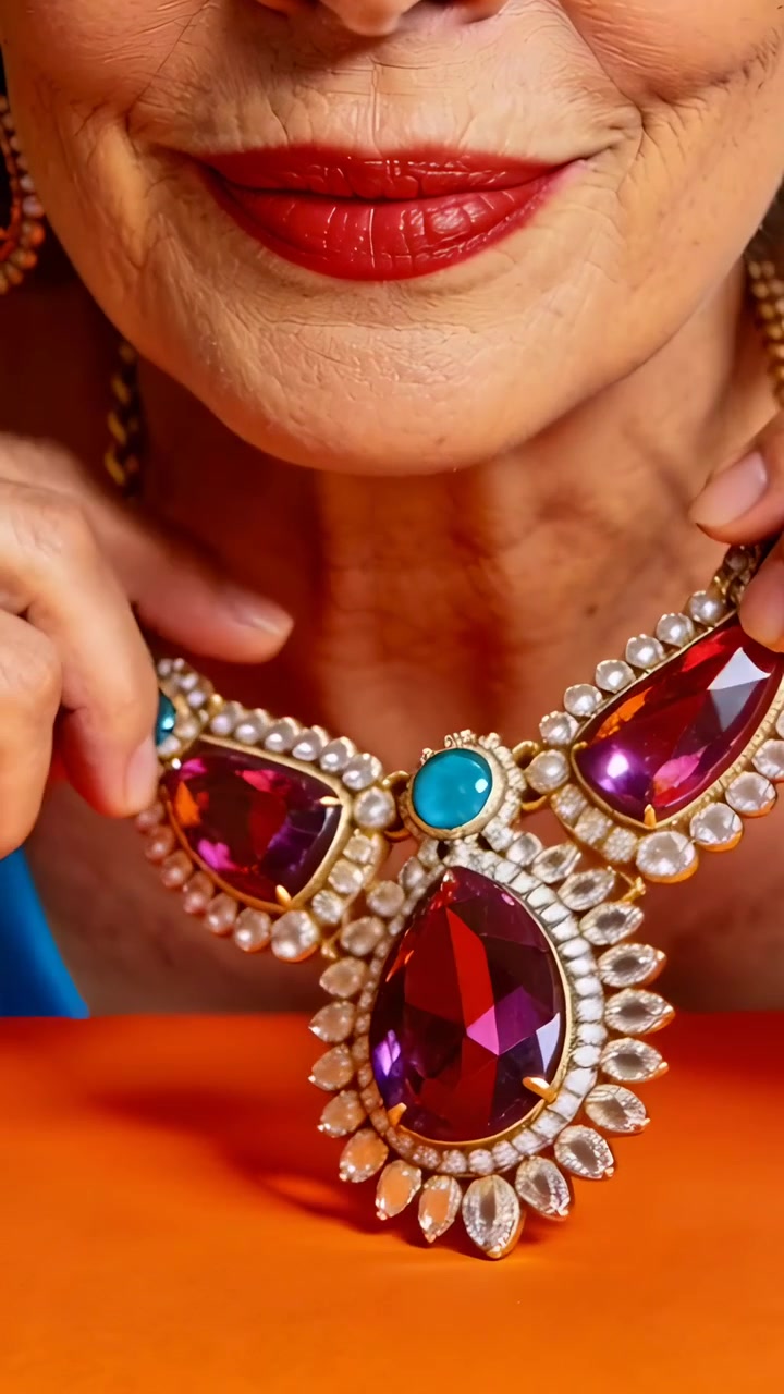 Video verticale: Donna matura che tiene una collana, allinea il ciondolo in studio per mostrare il turchese.