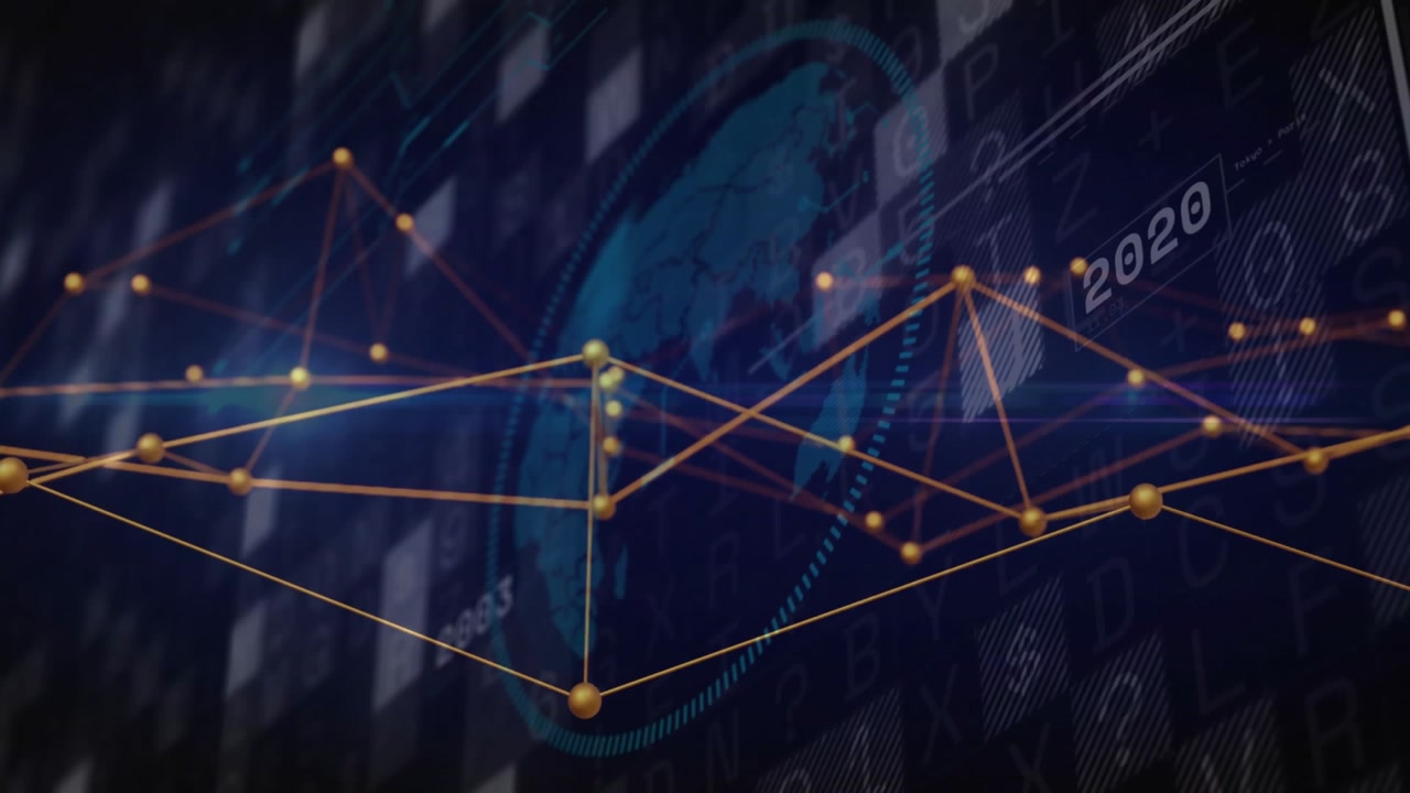 On data load golden network emerging and pulsing above rotating globe visualizing yearly trends