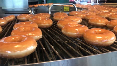 una toma baja de cientos de anillos de donas recién horneados y glaseados en una cinta transportadora