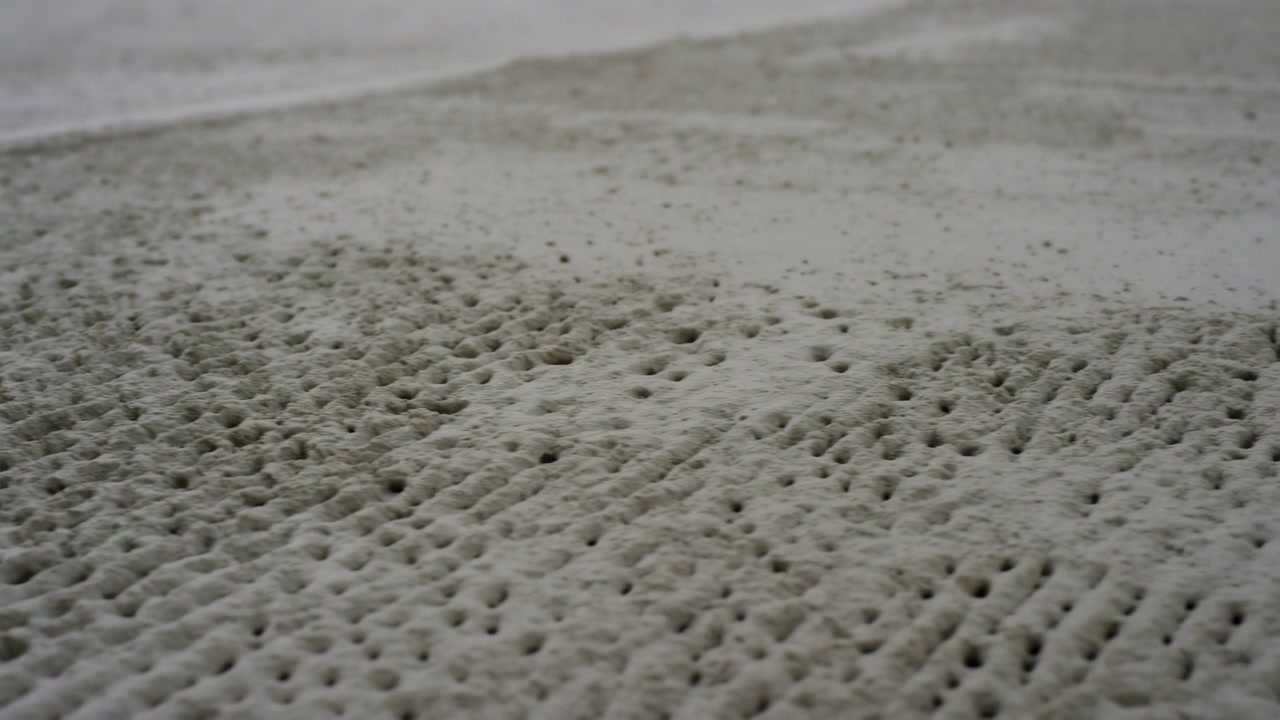 Shallow-focus close-up of a sandy beach surface showing small perforations, ripples and tidal patterns in the foreground with a blurred shoreline and shallow
