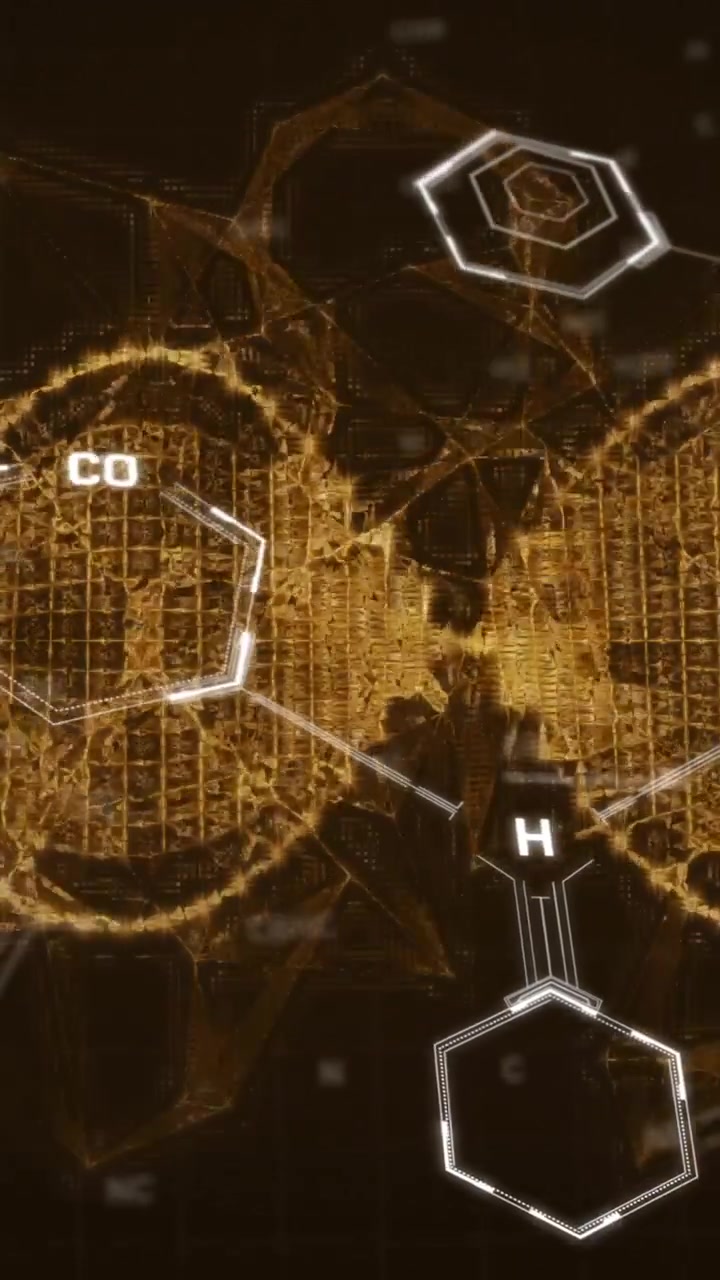 Animazione di elaborazione dati scientifici e un filamento di DNA su sfondo nero