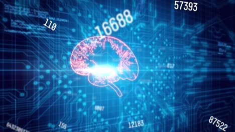 animación del procesamiento de datos con iconos sobre una placa de circuito de computadora sobre un fondo negro