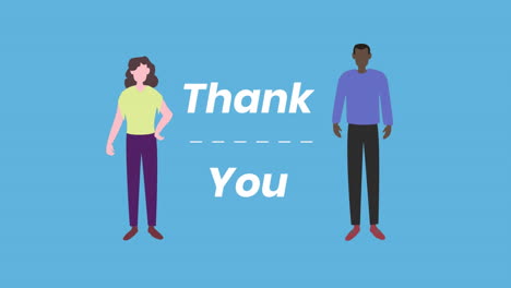 animation of a words thank you flashing on blue background with human shapes wearing face masks