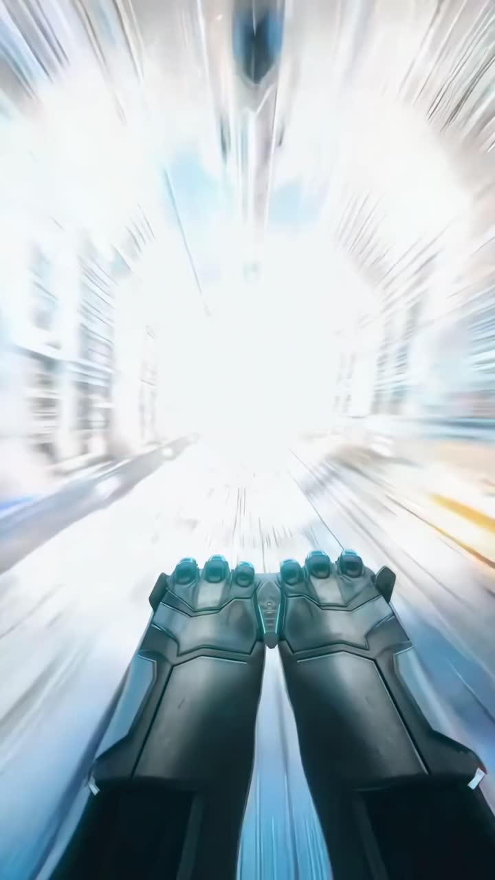 Video POV de un túnel futurista, vista en primera persona, colores vibrantes, desenfoque de movimiento dinámico
