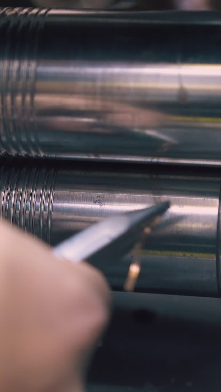 CU: craftsman processes beautiful gold chain with forge-rolling machine at workplace in light workshop closeup