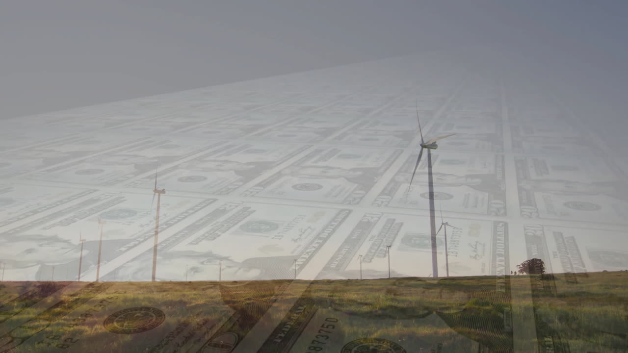 풍력 터빈은 잔디 에 달러 지폐 애니메이션과 함께 풍경