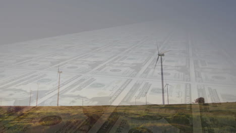turbinas eólicas en un campo de hierba con billetes de dólar animación sobre el paisaje