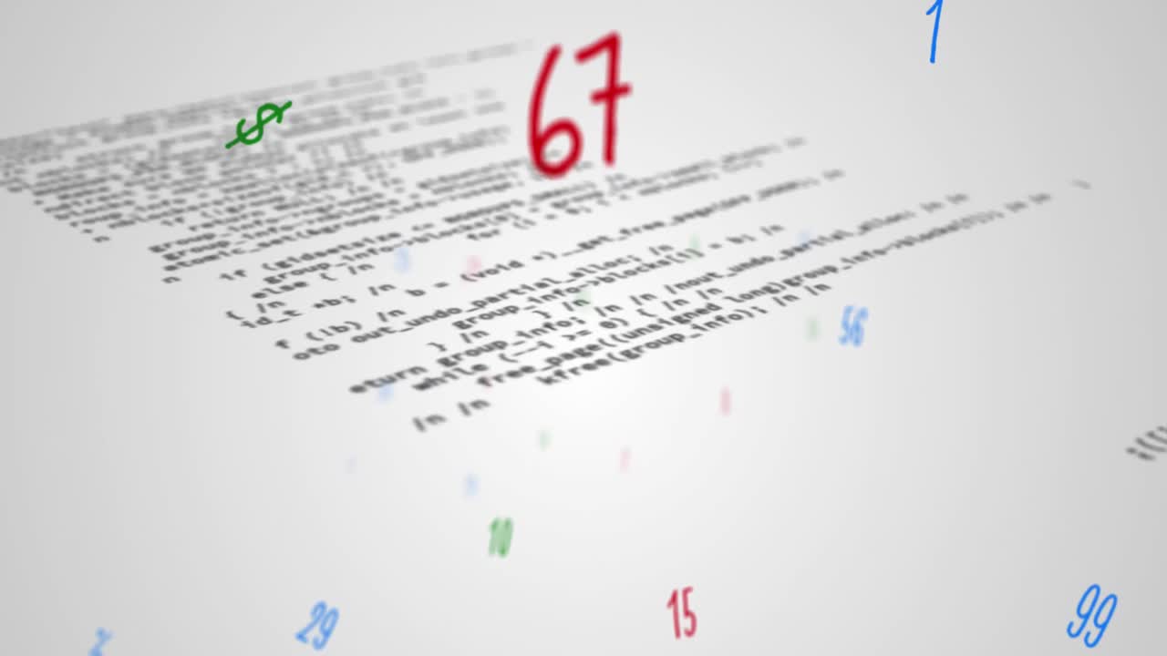 цифровая анимация нескольких чисел и символов, плавающих на фоне обработки данных на сером фоне