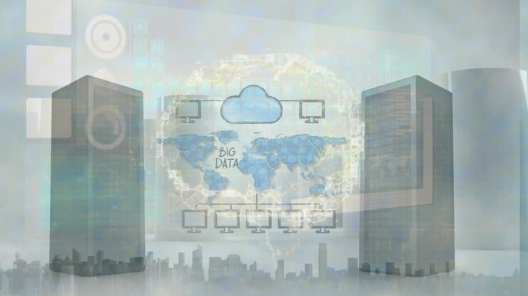 Animation of data processing over brain and cityscape