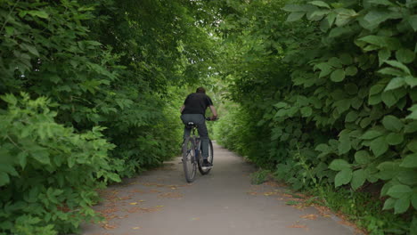 back view of someone riding bicycle along a paved path with white road markings, the path is surrounded by lush greenery, creating a tunnel effect, with dry leaves scattered on the ground