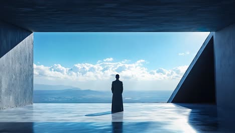 a man standing in the middle of a room looking out at the ocean