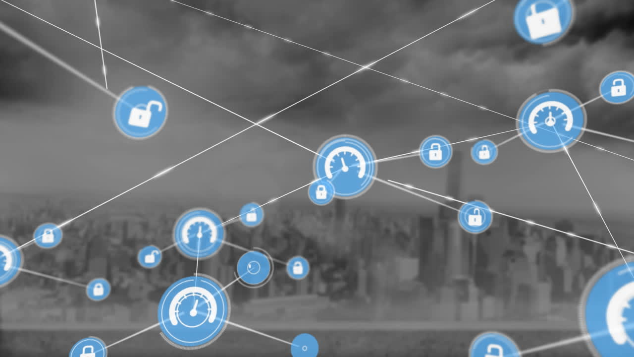animación de iconos de velocímetro y candado conectados con líneas sobre el paisaje urbano y el cielo nublado.