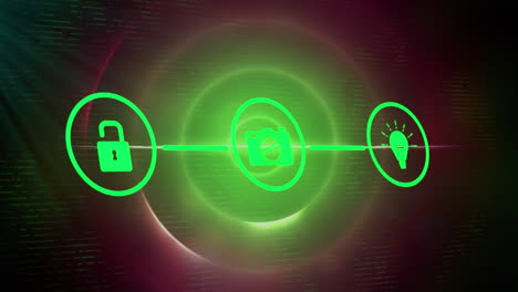 animación de iconos digitales con candado, cámara y bombilla sobre círculos en espacio verde y negro