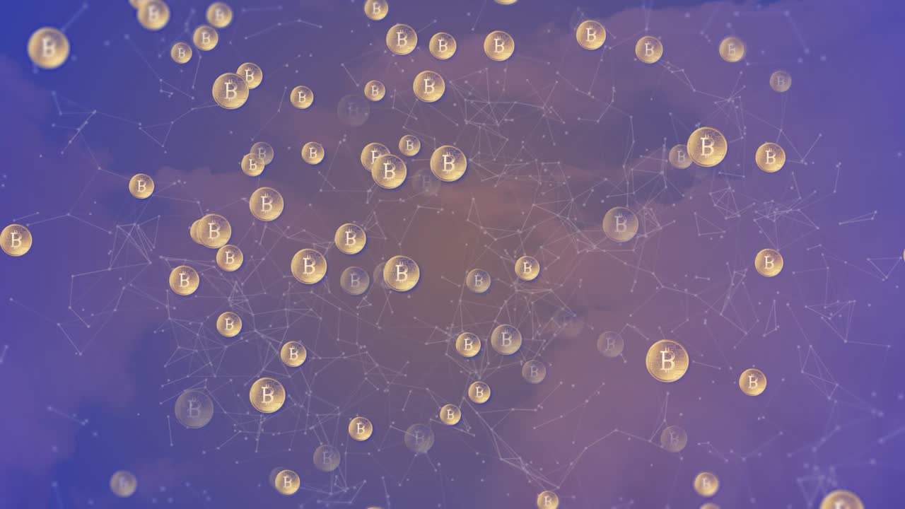 Animation of network of connections with icons over shapes on blue background