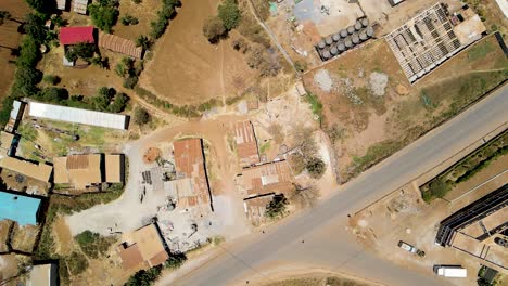 Birdseye-aerial-view-of-loitokitok-rural-village,-shanty-poor-neighborhood-of-Nairobi,-Kenya