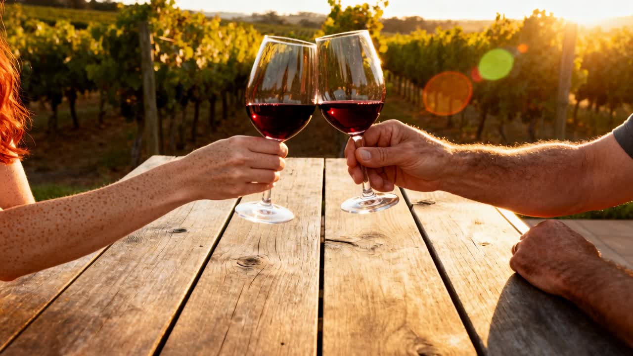 Video verticale: uomo e donna che sollevano calici di vino, facendoli tintinnare sopra un tavolo in un vigneto, brindando al tramonto.