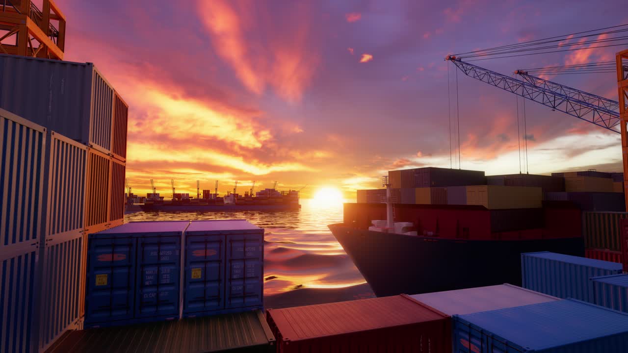 Shipping Containers In Port With Sunset