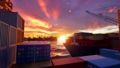 shipping containers in port with sunset