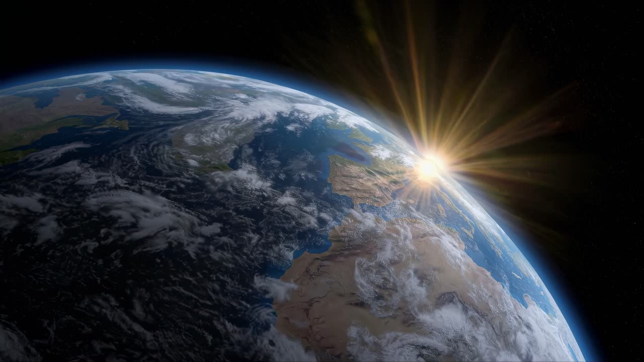 A video of Earth from space with a low-angle view, showcasing the sun's rays illuminating