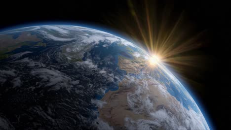 A video of Earth from space with a low-angle view, showcasing the sun&#039;s rays illuminating