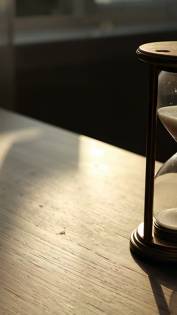 Vertical video: Camera panning hourglass centering on desk at window showing sand flow, copy space