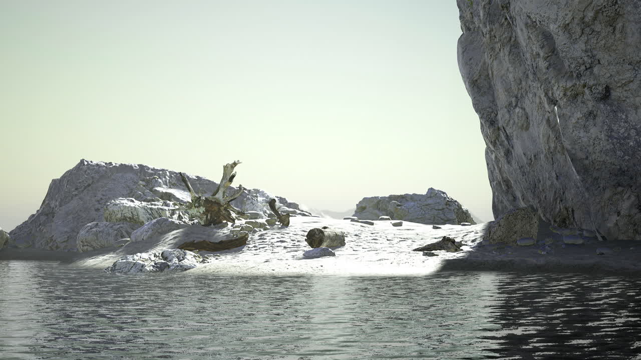 Majestic rocky coastline reflecting sunlight over tranquil waters at dawn