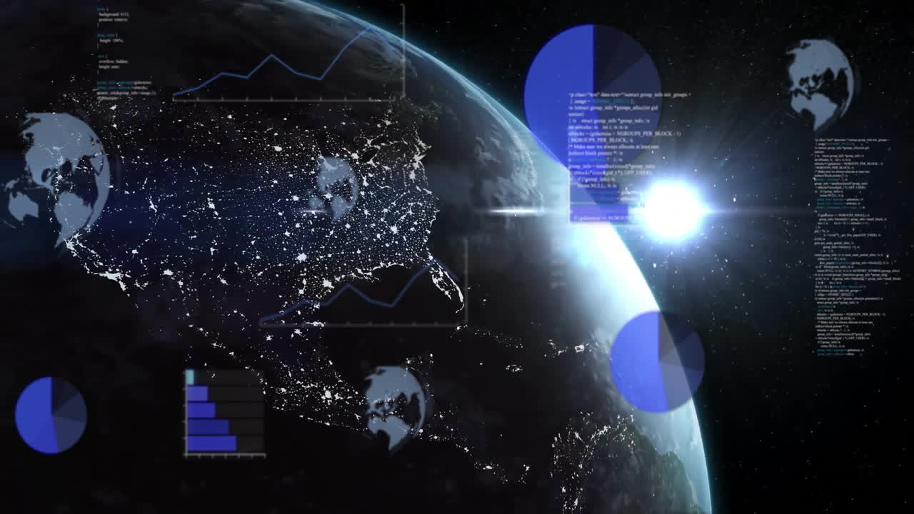 Data charts and graphs animation over Earth from space with glowing sun