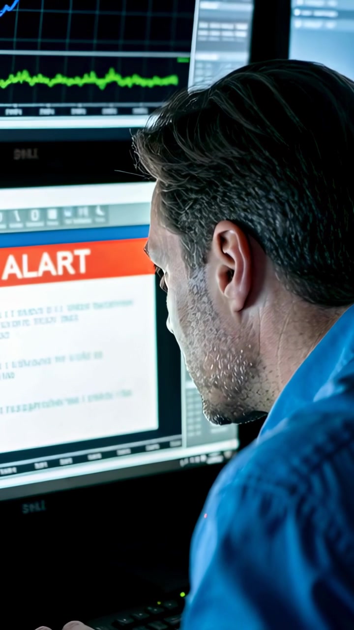 Vertical video: Reacting to ALERT, man in blue shirt reading graphs at desk and typing, copy space