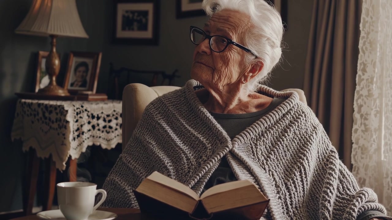 Elderly Woman with Glasses Reading a Book in a Cozy Living Room