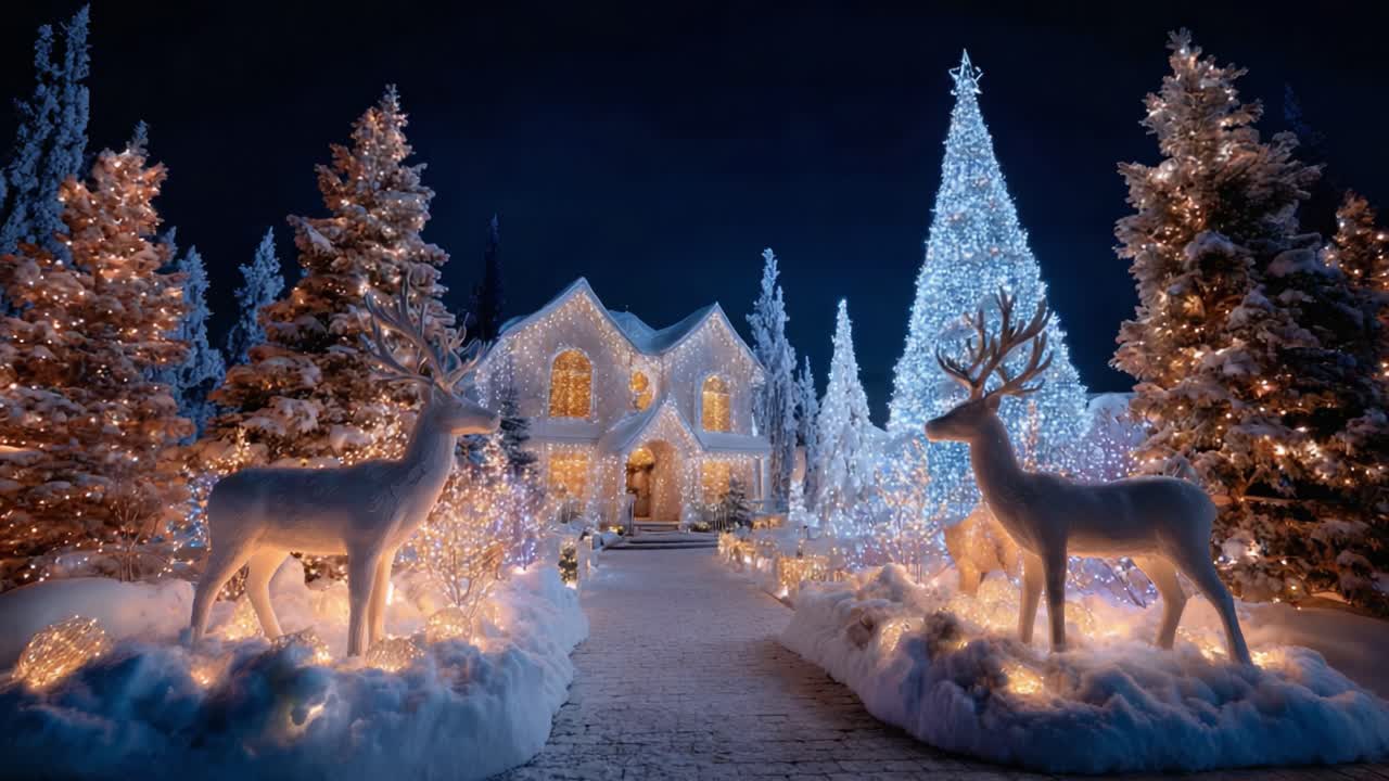 Enchanting Winter Wonderland: A Dreamlike Scene Featuring a Beautifully Decorated Home Surrounded by Snowy Trees and Graceful Reindeer Amidst Sparkling Holiday Lights