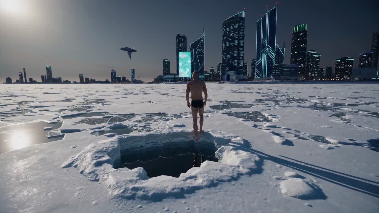 Man Walking on Frozen Lake in Futuristic Cityscape at Night