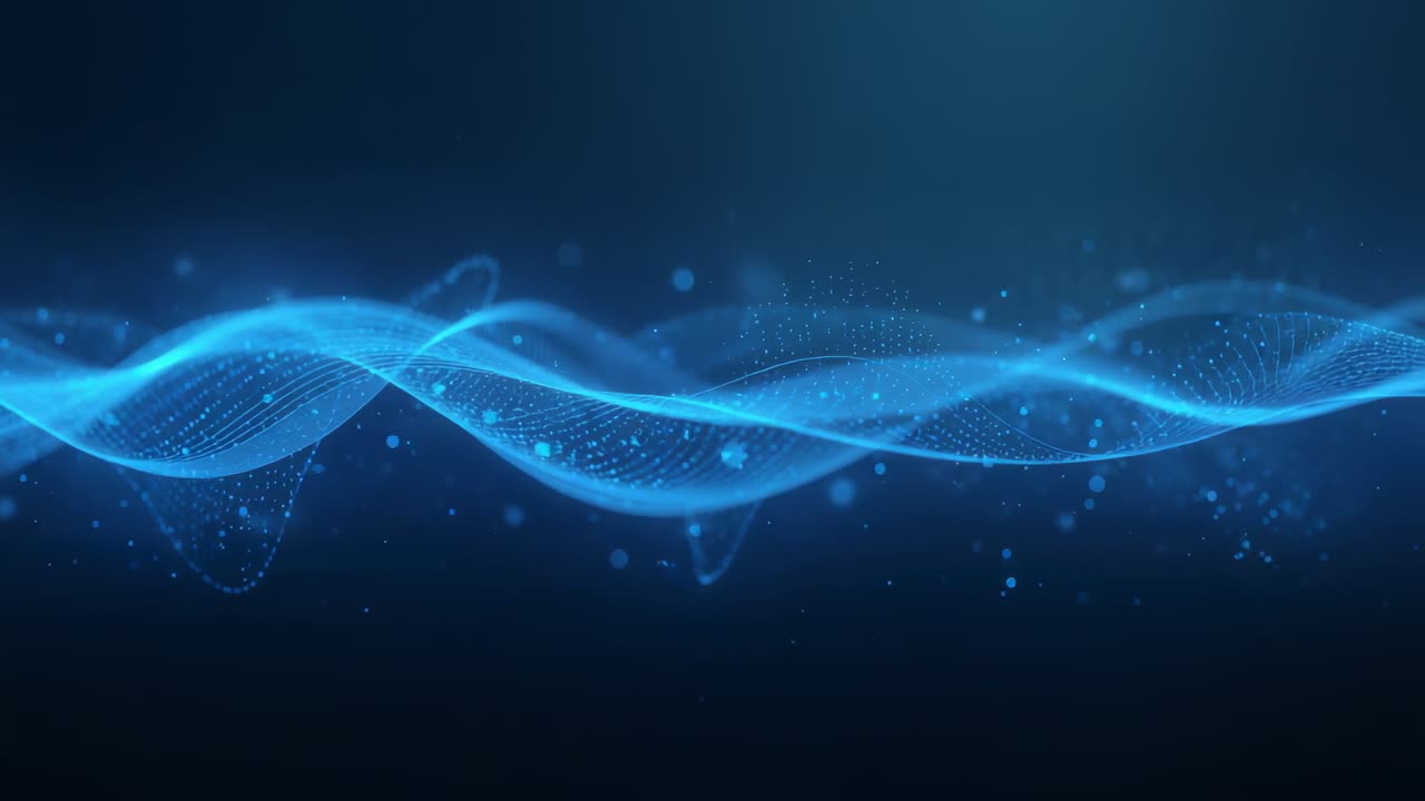 Playback starting glowing cyan ribbons moving across dark scene with dot mesh and sparks for UI