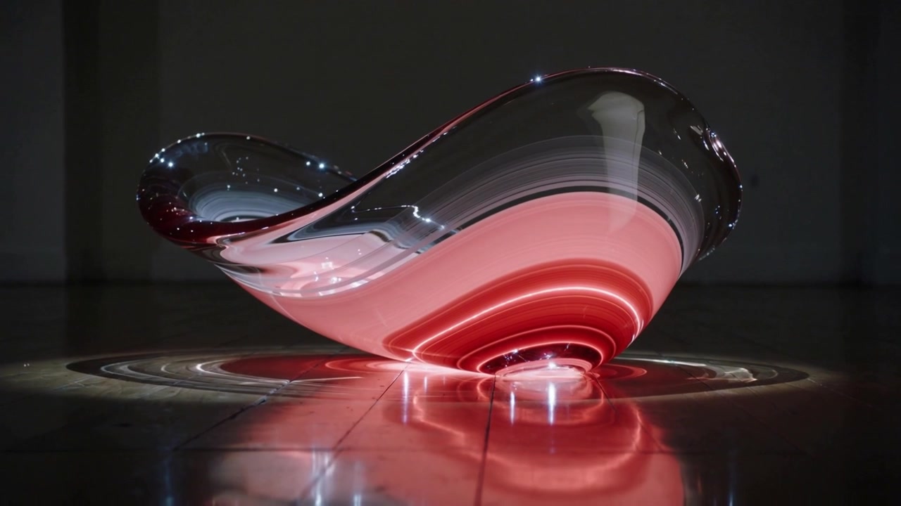 Pulsing translucent object rotating on tiled floor as base light brightening and casting red rings