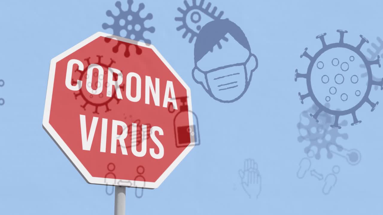 블루 배경의 코로나19 아이콘 위의 정지 도로 표지판에 코로나바이러스 텍스트의 애니메이션